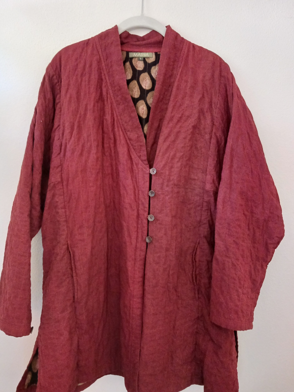 Maiwa L 50" Loose Crinkle Cotton Terra Cotta-Rust Quilted Jacket Lined Artisan